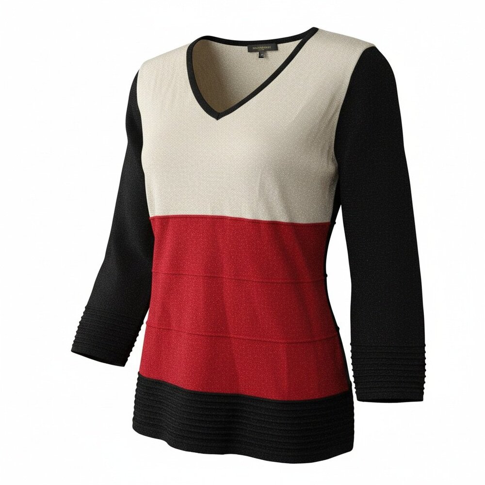 NEW Cable & Gauge Women's Large Red Cream Black Knit Sweater V Neck Long Sleeve
